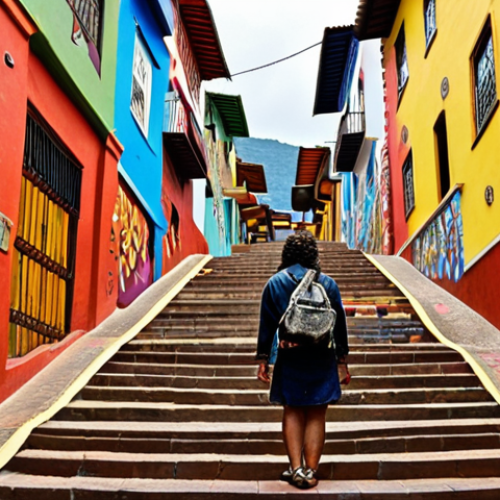 Home 19 **Prompt 1 (Artistic & Urban Transformation):**
"A vibrant street art tapestry showcasing the dynamic spirit of Colombian cities. Feature the colorful murals and intricate graffiti of Bogota's La Candelaria, with narrow, historic alleys and bohemian cafes. Blend this with the transformative energy of Medellin's Comuna 13, showing its iconic escalators adorned with bright, socially resonant artwork. The image should convey a sense of cultural richness, resilience, and artistic expression, with a lively urban atmosphere."