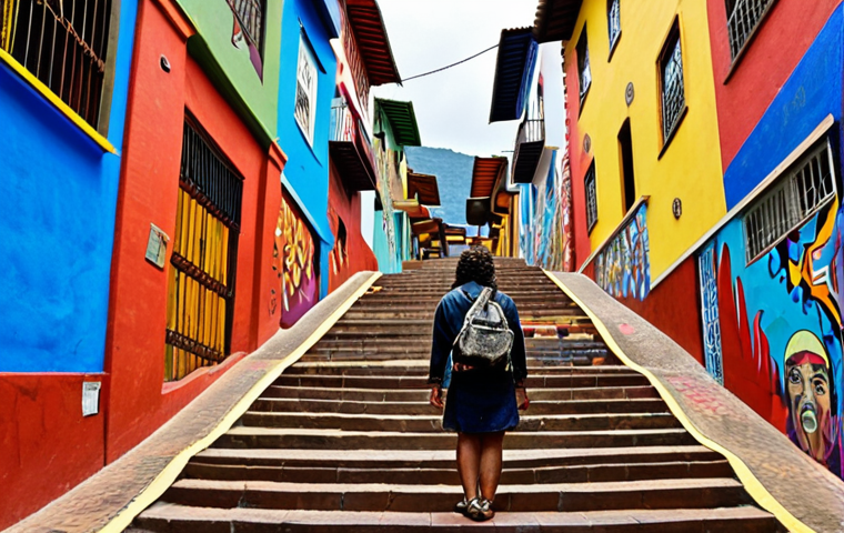 **Prompt 1 (Artistic & Urban Transformation):**
"A vibrant street art tapestry showcasing the dynamic spirit of Colombian cities. Feature the colorful murals and intricate graffiti of Bogota's La Candelaria, with narrow, historic alleys and bohemian cafes. Blend this with the transformative energy of Medellin's Comuna 13, showing its iconic escalators adorned with bright, socially resonant artwork. The image should convey a sense of cultural richness, resilience, and artistic expression, with a lively urban atmosphere."