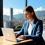 A professional young woman, fully clothed in a modest, modern business casual outfit, sits focused on her laptop at a sleek co-working space in Medellin, Colombia. Through large windows, a vibrant, sunlit city skyline stretches into the background. The image features perfect anatomy, correct proportions, natural pose, and well-formed hands. This is a professional, safe for work, appropriate content, fully clothed, and modest scene.