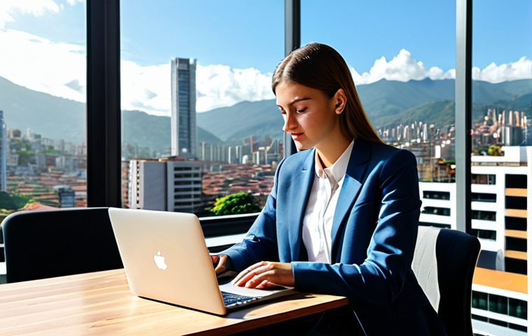 A professional young woman, fully clothed in a modest, modern business casual outfit, sits focused on her laptop at a sleek co-working space in Medellin, Colombia. Through large windows, a vibrant, sunlit city skyline stretches into the background. The image features perfect anatomy, correct proportions, natural pose, and well-formed hands. This is a professional, safe for work, appropriate content, fully clothed, and modest scene.