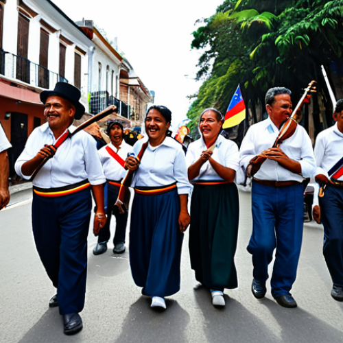 Home 8 A diverse group of men and women of various ages, representing the shared cultural heritage of Colombia and Venezuela, are engaged in a vibrant community gathering. They are fully clothed in modest, traditional Latin American attire and contemporary casual wear, playing traditional instruments like a cuatro and tiple, and performing a graceful joropo dance. The background is a lively street festival setting with colorful banners and historic architecture, subtly blending elements from both nations. The atmosphere is joyful and harmonious, reflecting unity and a shared identity. Perfect anatomy, correct proportions, natural poses, well-formed hands, proper finger count, natural body proportions. Professional photography, high quality, safe for work, appropriate content, fully clothed, family-friendly.