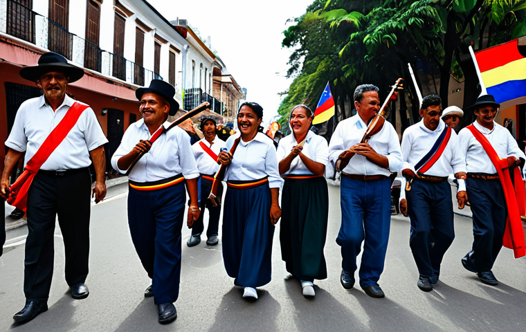 A diverse group of men and women of various ages, representing the shared cultural heritage of Colombia and Venezuela, are engaged in a vibrant community gathering. They are fully clothed in modest, traditional Latin American attire and contemporary casual wear, playing traditional instruments like a cuatro and tiple, and performing a graceful joropo dance. The background is a lively street festival setting with colorful banners and historic architecture, subtly blending elements from both nations. The atmosphere is joyful and harmonious, reflecting unity and a shared identity. Perfect anatomy, correct proportions, natural poses, well-formed hands, proper finger count, natural body proportions. Professional photography, high quality, safe for work, appropriate content, fully clothed, family-friendly.