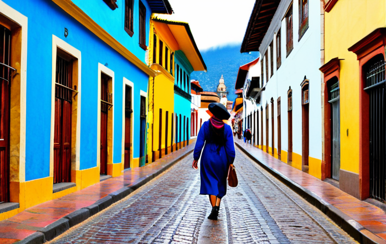 La Candelaria Charm**

"A vibrant street scene in La Candelaria, Bogota. Colorful colonial buildings line a narrow cobblestone street. A fully clothed woman in modest, casual clothing is strolling along the street, looking at the architecture. Safe for work, appropriate content, perfect anatomy, natural pose, professional photography, bright daylight, family-friendly."

**