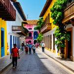**

"A vibrant street scene in Cartagena, Colombia, showcasing colorful colonial architecture with wooden balconies adorned with flowers. People are strolling along the streets, fully clothed in modest, everyday attire. In the background, a glimpse of the historic city walls. Safe for work, appropriate content, professional photography, perfect anatomy, natural proportions, family-friendly, well-formed hands, proper finger count, natural body proportions."

**