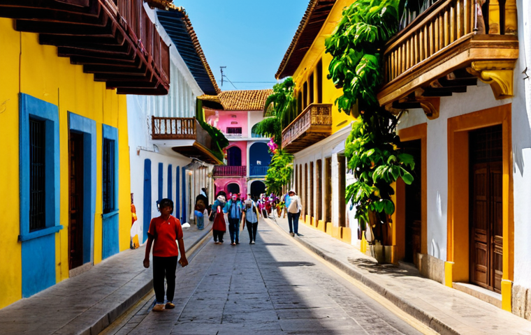 **

"A vibrant street scene in Cartagena, Colombia, showcasing colorful colonial architecture with wooden balconies adorned with flowers. People are strolling along the streets, fully clothed in modest, everyday attire. In the background, a glimpse of the historic city walls. Safe for work, appropriate content, professional photography, perfect anatomy, natural proportions, family-friendly, well-formed hands, proper finger count, natural body proportions."

**