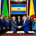 Peace Accord Signing**

"A solemn scene depicting the signing of the Colombian Peace Accord. Government representatives and FARC leaders stand at a table, shaking hands. Background shows the Colombian flag and diverse onlookers. Fully clothed in professional attire, appropriate content, safe for work, perfect anatomy, natural proportions, professional, well-lit."

**