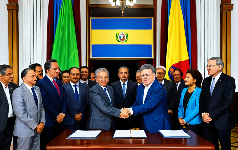 Peace Accord Signing**

"A solemn scene depicting the signing of the Colombian Peace Accord. Government representatives and FARC leaders stand at a table, shaking hands. Background shows the Colombian flag and diverse onlookers. Fully clothed in professional attire, appropriate content, safe for work, perfect anatomy, natural proportions, professional, well-lit."

**