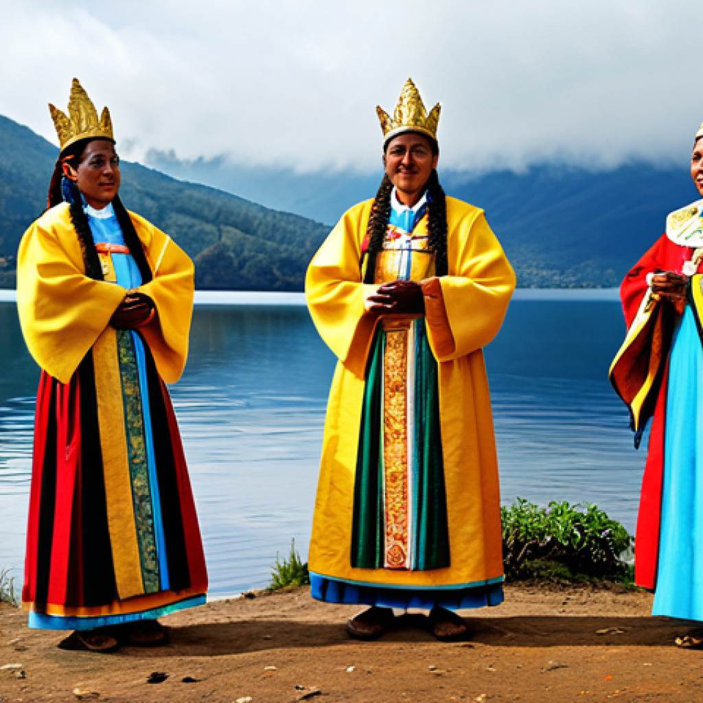 **Prompt:** "A vibrant depiction of the Muisca people performing a golden ritual at Lake Guatavita, fully clothed in traditional attire, offering gold to their gods, misty mountain background, perfect anatomy, correct proportions, natural pose, safe for work, appropriate content, professional, modest, family-friendly, high-quality illustration"
