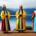 **Prompt:** "A vibrant depiction of the Muisca people performing a golden ritual at Lake Guatavita, fully clothed in traditional attire, offering gold to their gods, misty mountain background, perfect anatomy, correct proportions, natural pose, safe for work, appropriate content, professional, modest, family-friendly, high-quality illustration"