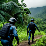 Narcos Inspired Scene**

A tense scene depicting law enforcement officers in the Colombian jungle, fully clothed in tactical gear, pursuing figures associated with a drug cartel. The environment should be dense foliage, with a helicopter visible in the background. Focus on realism and dramatic lighting. Safe for work, appropriate content, professional, fully clothed, perfect anatomy, natural proportions.

**