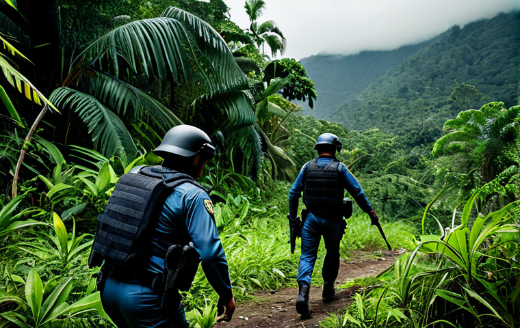 Narcos Inspired Scene**

A tense scene depicting law enforcement officers in the Colombian jungle, fully clothed in tactical gear, pursuing figures associated with a drug cartel. The environment should be dense foliage, with a helicopter visible in the background. Focus on realism and dramatic lighting. Safe for work, appropriate content, professional, fully clothed, perfect anatomy, natural proportions.

**