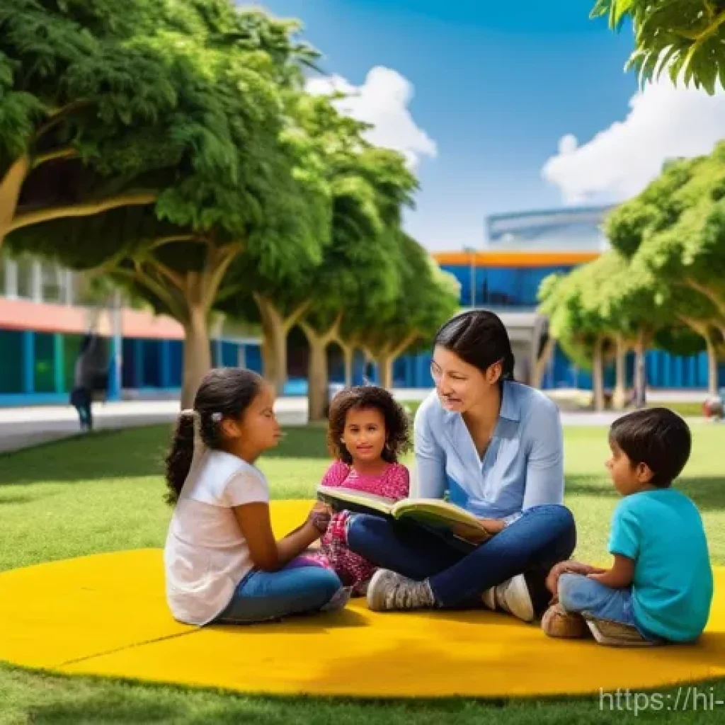 콜롬비아에서의 공공도서관 시스템 - **Prompt:** A vibrant, sun-drenched "Library Park" in a lively Colombian community. Families and chi...
