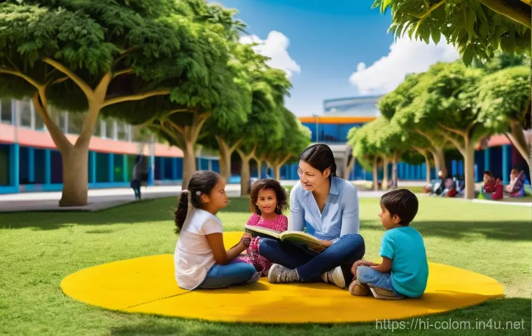 콜롬비아에서의 공공도서관 시스템 - **Prompt:** A vibrant, sun-drenched "Library Park" in a lively Colombian community. Families and chi...