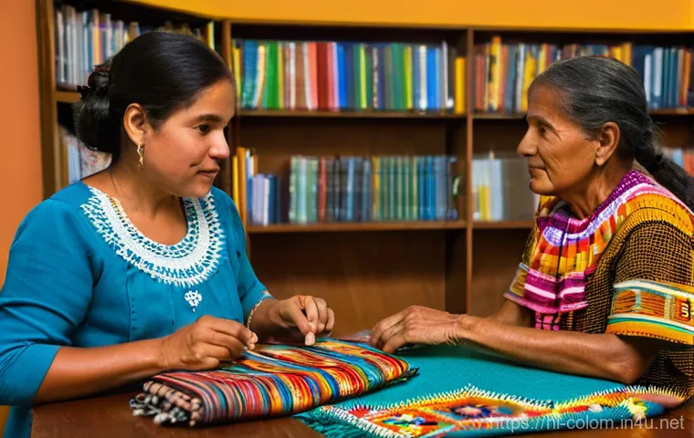 콜롬비아에서의 공공도서관 시스템 - **Prompt:** Inside a modern, brightly lit Colombian public library, people of diverse ages are activ...