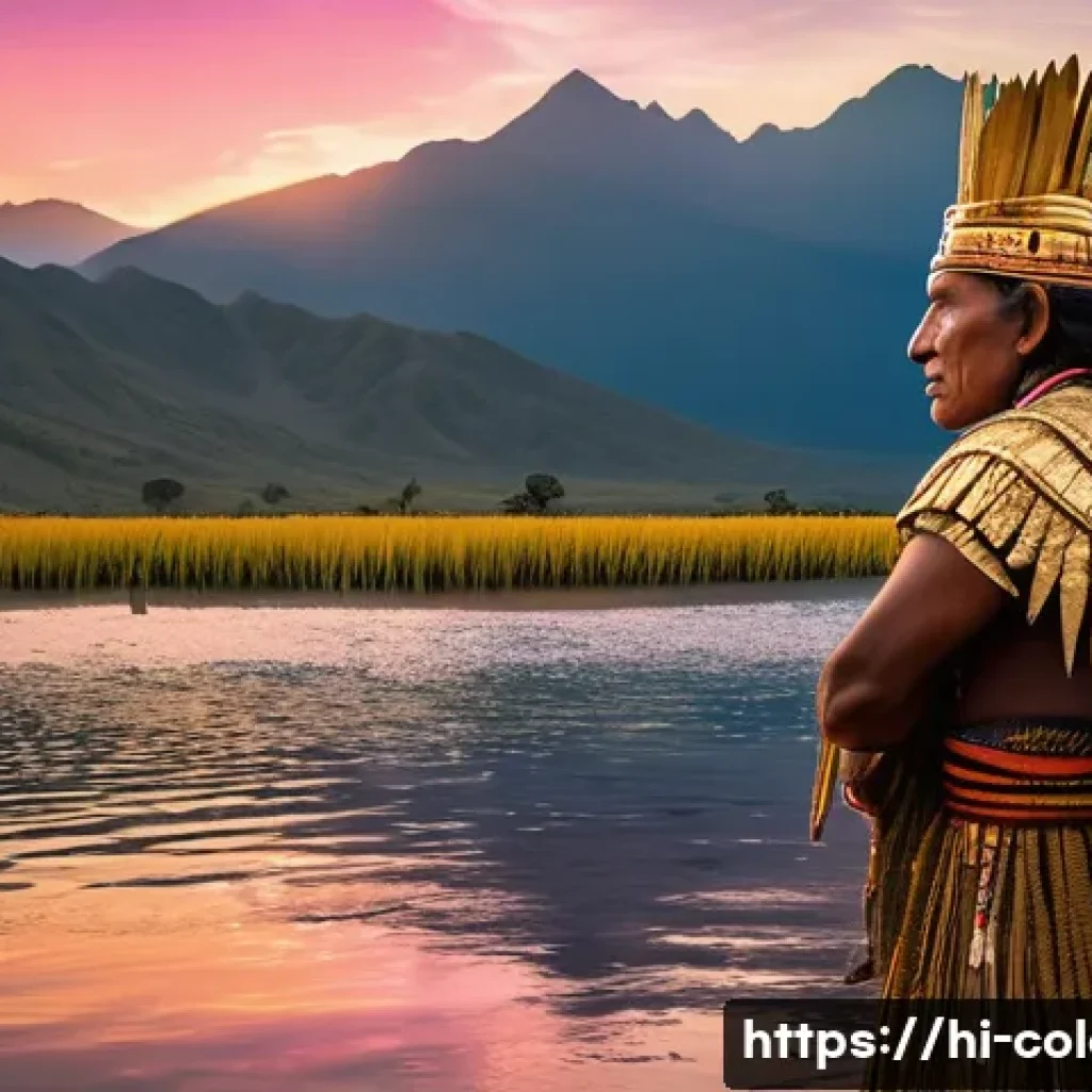 콜롬비아에서의 흥미로운 미신과 전설 - **Prompt: The Golden Muisca Ritual of El Dorado**
    A powerful Muisca chief, adorned entirely in s...