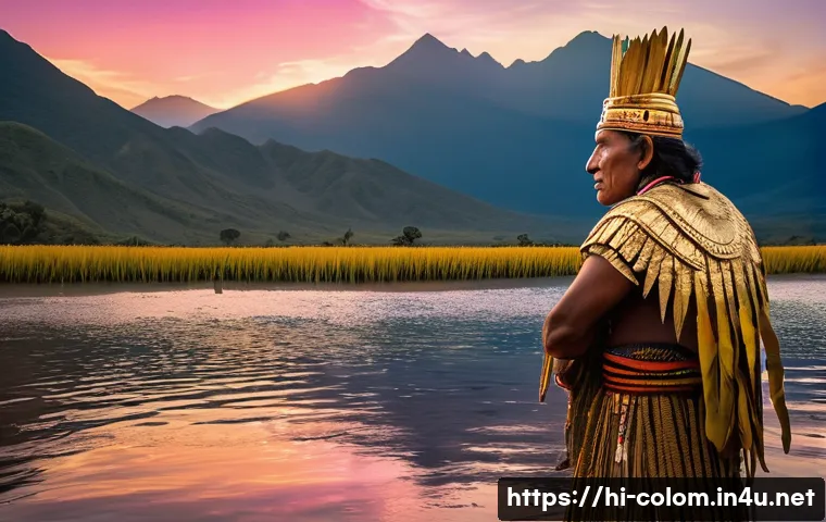 콜롬비아에서의 흥미로운 미신과 전설 - **Prompt: The Golden Muisca Ritual of El Dorado**
    A powerful Muisca chief, adorned entirely in s...