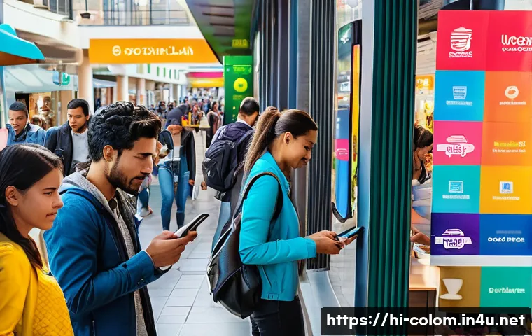콜롬비아에서 신용카드 사용 가능 여부 - A bustling urban scene in Bogot&aacute;, Colombia, showcasing diverse people using credit cards and mobile ...