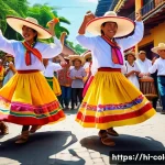 콜롬비아에서의 유명한 전통 축제 - A vibrant scene of a traditional Colombian festival featuring men and women dressed in colorful trad...