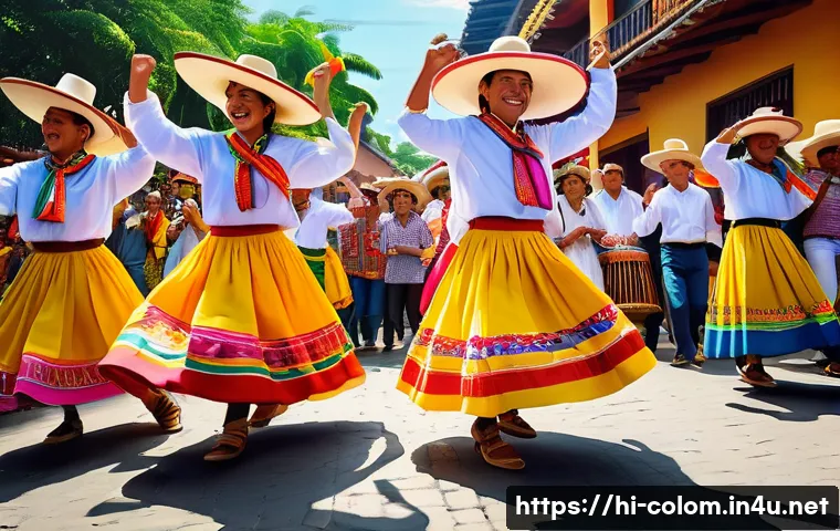 콜롬비아에서의 유명한 전통 축제 - A vibrant scene of a traditional Colombian festival featuring men and women dressed in colorful trad...