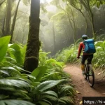콜롬비아에서 자전거 여행하기 - A serene mountain biking trail in the lush forests of Colombia, showing a cyclist wearing a helmet a...