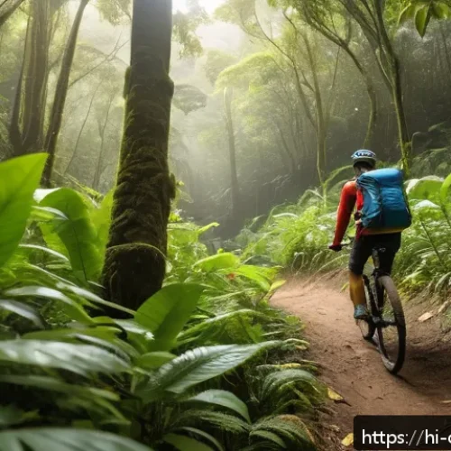 콜롬비아에서 자전거 여행하기 - A serene mountain biking trail in the lush forests of Colombia, showing a cyclist wearing a helmet a...