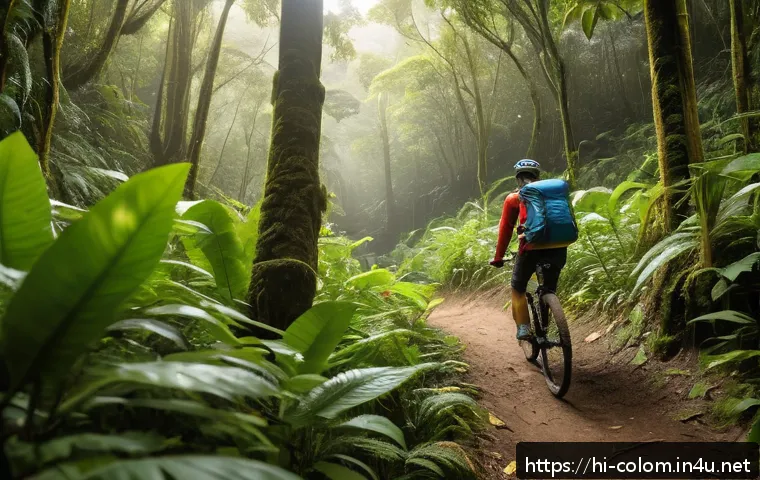 콜롬비아에서 자전거 여행하기 - A serene mountain biking trail in the lush forests of Colombia, showing a cyclist wearing a helmet a...