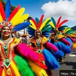 콜롬비아와 브라질 비교 - A vibrant street festival scene in Brazil during Carnival, showcasing colorful traditional costumes ...