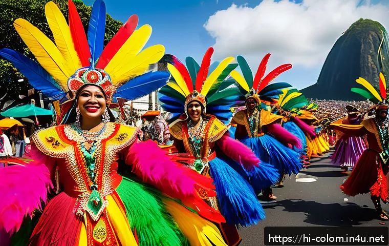 콜롬비아와 브라질 비교 - A vibrant street festival scene in Brazil during Carnival, showcasing colorful traditional costumes ...