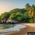 산타 마르타 해변 여행 - A serene coastal scene in Santa Marta featuring lush, dense greenery and tall tropical trees surroun...