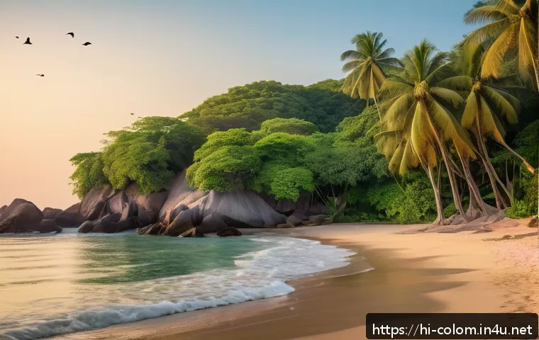 산타 마르타 해변 여행 - A serene coastal scene in Santa Marta featuring lush, dense greenery and tall tropical trees surroun...
