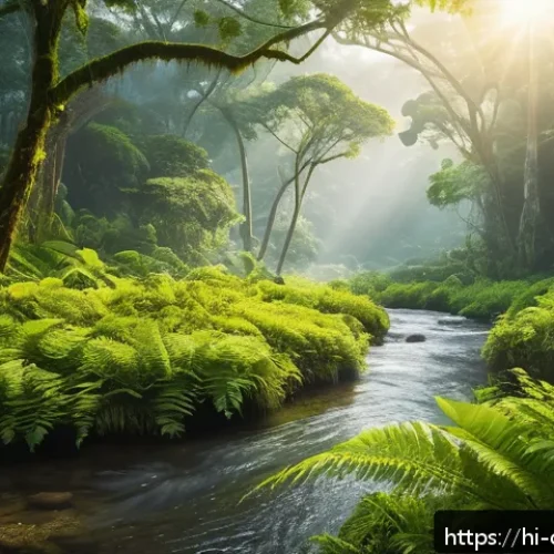 콜롬비아 로스트 시티 트레킹 - A vibrant and enchanting Colombian jungle scene at dawn, featuring dense, lush green trees with sunl...