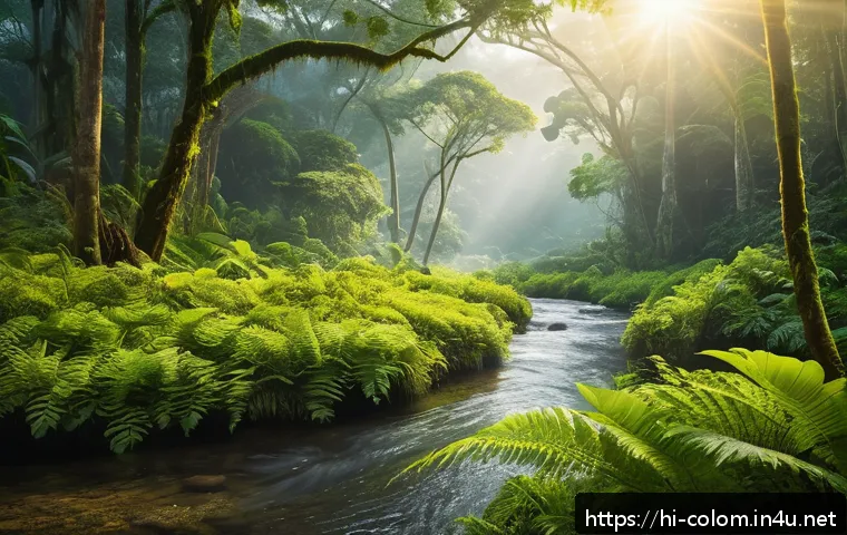 콜롬비아 로스트 시티 트레킹 - A vibrant and enchanting Colombian jungle scene at dawn, featuring dense, lush green trees with sunl...
