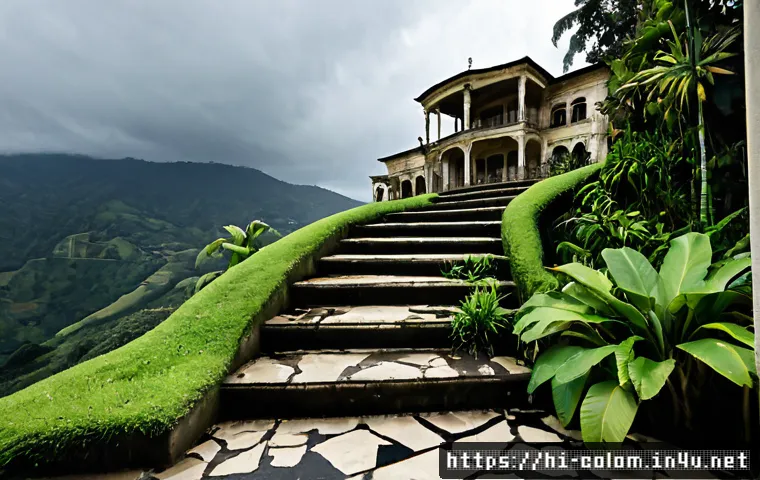 파블로 에스코바르의 유산 - Photorealistic editorial scene of a weathered abandoned luxury estate on a lush Colombian hillside, ...